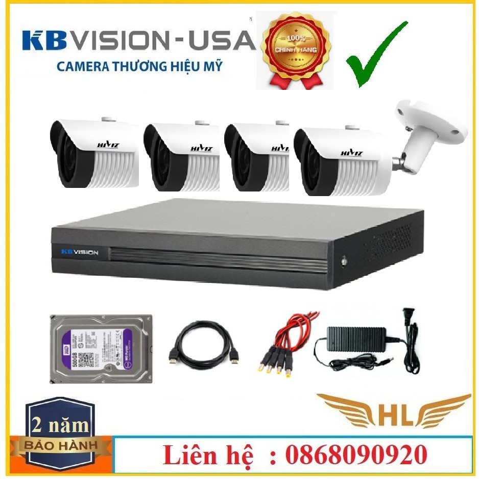 Trọn Bộ Camera 4 Mắt 2Mp Full HD 1080P Ngoài trời Đầu Ghi Kbvison KX-a7104SD6 Mắt Hiviz Đầy Đủ Phụ Kiện -Hàng Chính Hãng