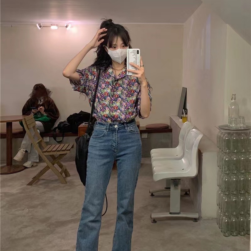 SUXI Áo Sơ Mi Ngắn Tay Họa Tiết Hoa Phong Cách Vintage Cho Nữ