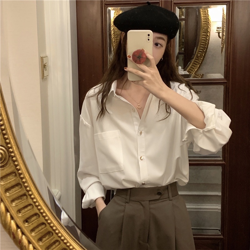 Áo Sơ Mi Dài Tay Phối Nút Kim Loại Phong Cách Retro 48870