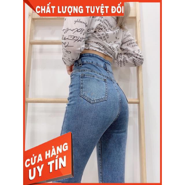 QUẦN JEANS LƯNG CAO TRƠN NÚT HÔNG- jeans siêu mềm giãn