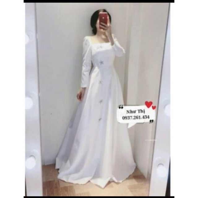 (miễn phí chỉnh váy) có big Size đầm dạ hội phi trắng tay dài + cài đá ngôi sao, đầm cô dâu đơn giản,  đầm trắng dài | BigBuy360 - bigbuy360.vn