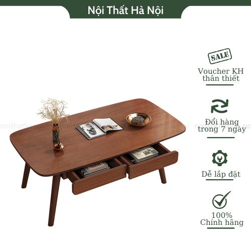 Bàn trà, bàn sofa chân gỗ tự nhiên màu óc chó có ngăn kéo lưu trữ đồ phong cách Nhật Bản