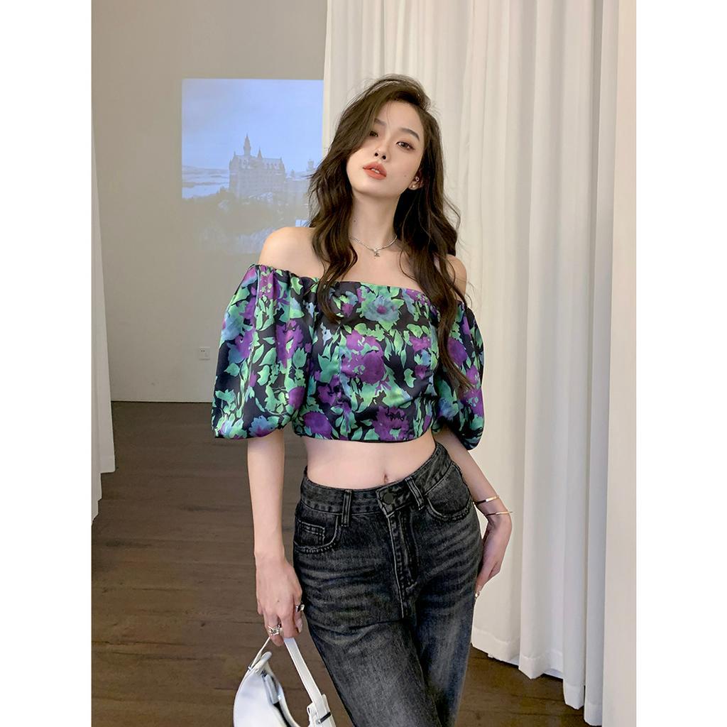 Áo Croptop Trễ Vai Tay Phồng Thời Trang Mùa Hè Phong Cách Retro Cho Nữ