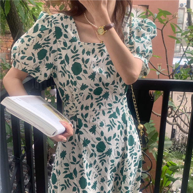 Đầm Hoa Cổ Vuông Tay Phồng Cột Dây Nhấn Eo Thời Trang Xinh Xắn Cho Nữ