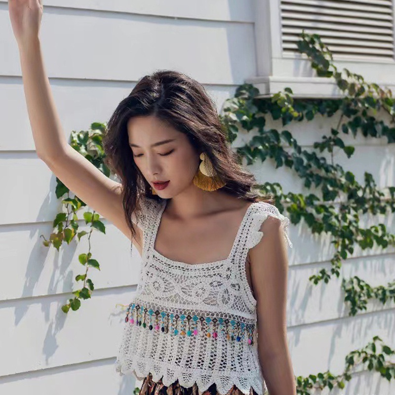 Xiangbao Áo Croptop Dệt Kim Không Tay Cổ Vuông Phối Bèo Và Hạt Pha Lê Nhiều Màu Phong Cách Boho Đi Biển
