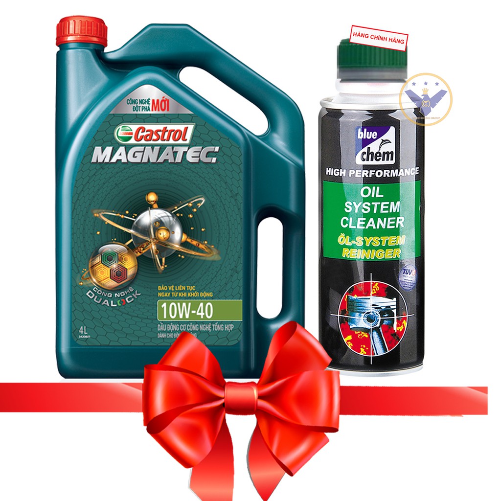 COMBO Dầu nhớt ô tô cao cấp tổng hợp Castrol Magnatec Dualock 10W-40 can 4L + Súc rửa động cơ Bluechem 250Ml