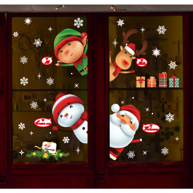 Decal trang trí Noel - Ông noel và các bạn chào đón giáng sinh vui vẻ