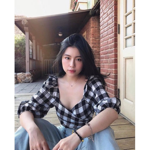 Áo caro đắp chéo cột nơ 2 màu caro Xanh- Đen Lovi