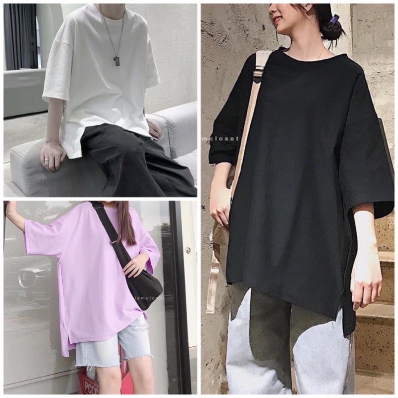 Áo Thun Form Rộng Xẻ Vạt Unisex [FREESHIP] 🌸 Phông trơn tay lỡ oversize màu Đen | Trắng | Tím | Be nữ ulzzang 🌸