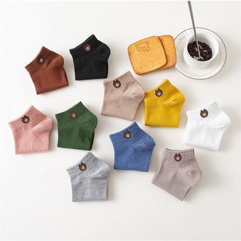 Set 10 cặp vớ ngắn cotton in hình gấu dễ thương thoải mái thoáng khí thường ngày thời trang Nhật Bản cho nam và nữ