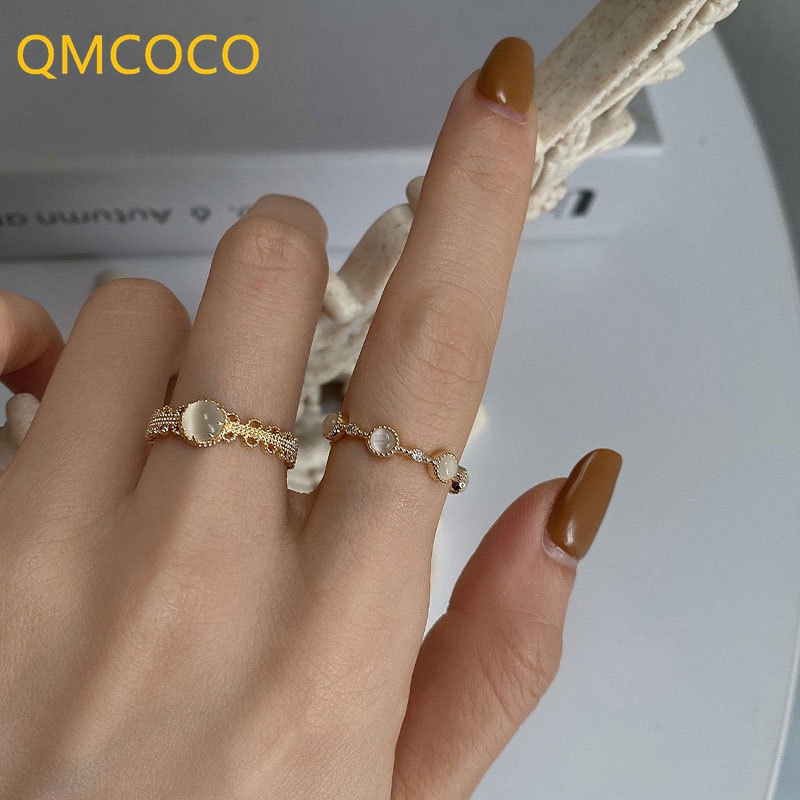 Nhẫn Thời Trang Đính Đá Mặt Trăng Màu Vàng Đồng QMCOCO Cổ Điển Có Thể Điều Chỉnh Cho Nữ