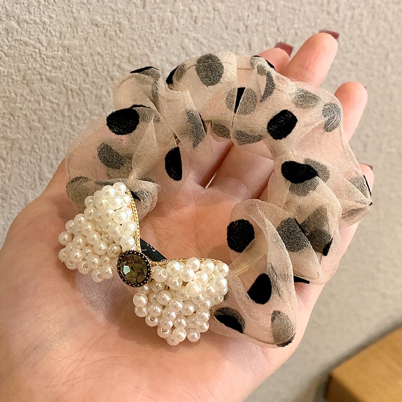 Dây Cột Tóc Nơ Họa Tiết Chấm Bi Đen Đính Ngọc Trai Phong Cách Hàn Quốc