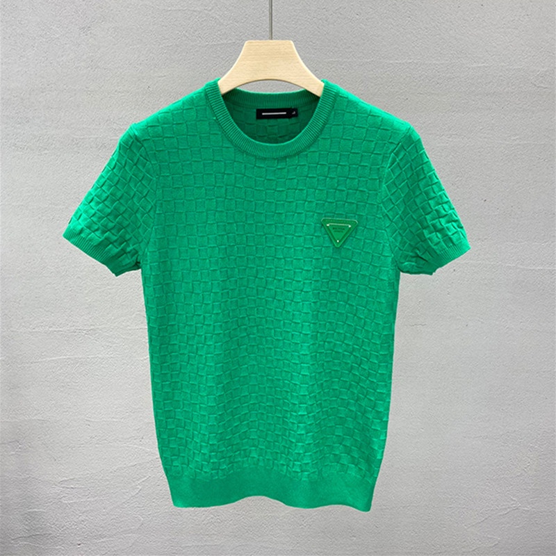 Áo sweater dệt kim cổ tròn tay lửng họa tiết kẻ sọc hình tam giác màu sắc tương phản thời trang mùa xuân 2022 cho nam