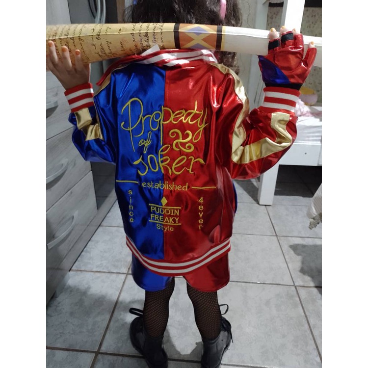 Halloween Harley Quinn trang phục cosplay cô gái Suicide Squad thêu áo thun quần short găng tay bóng chày bơm hơi Stick Set