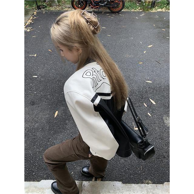 Áo Khoác Da Cao Cấp Phối Màu Tương Phản Phong Cách Mỹ Thời Trang Xuân Thu 2022 Cho Nữ