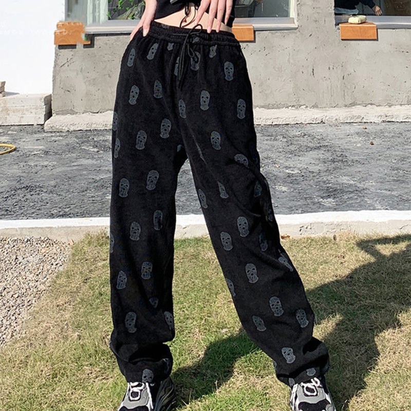 Quần baggy lưng cao in hình đầu lâu cá tính độc đáo cho nữ