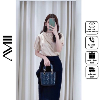 Áo sơ mi lụa công sở nhún vai đính cúc ngọc tay bồng chun lụa không nhăn thời trang AMII