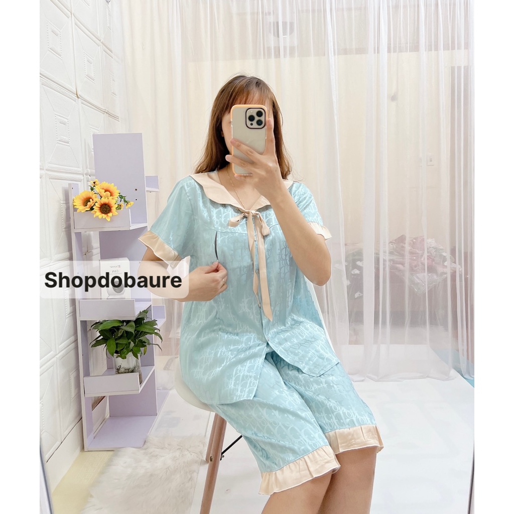 Bộ lụa gấm bầu và sau sinh áo cộc quần lửng MÙA HÈ sang xịn mịn có Nơ cổ - (BL10)