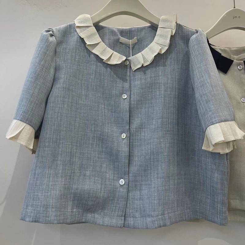 IELGY    Áo Sơ Mi Tay Ngắn Màu Xanh Dương Phong Cách Hàn Quốc Cho Nữ