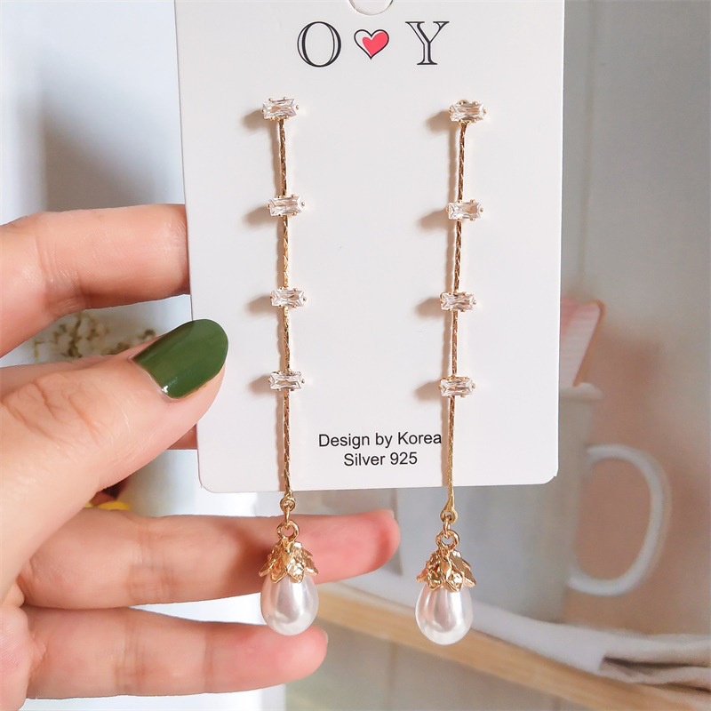 Khuyên Tai Móc Dáng Dài Đính Ngọc Trai Cao Cấp Phong Cách Retro Thanh Lịch