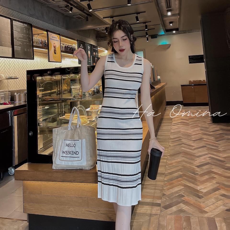 Váy len mỏng, Váy body montergi kẻ sát nách dáng dài vải mềm co giãn MAIANHSHOP