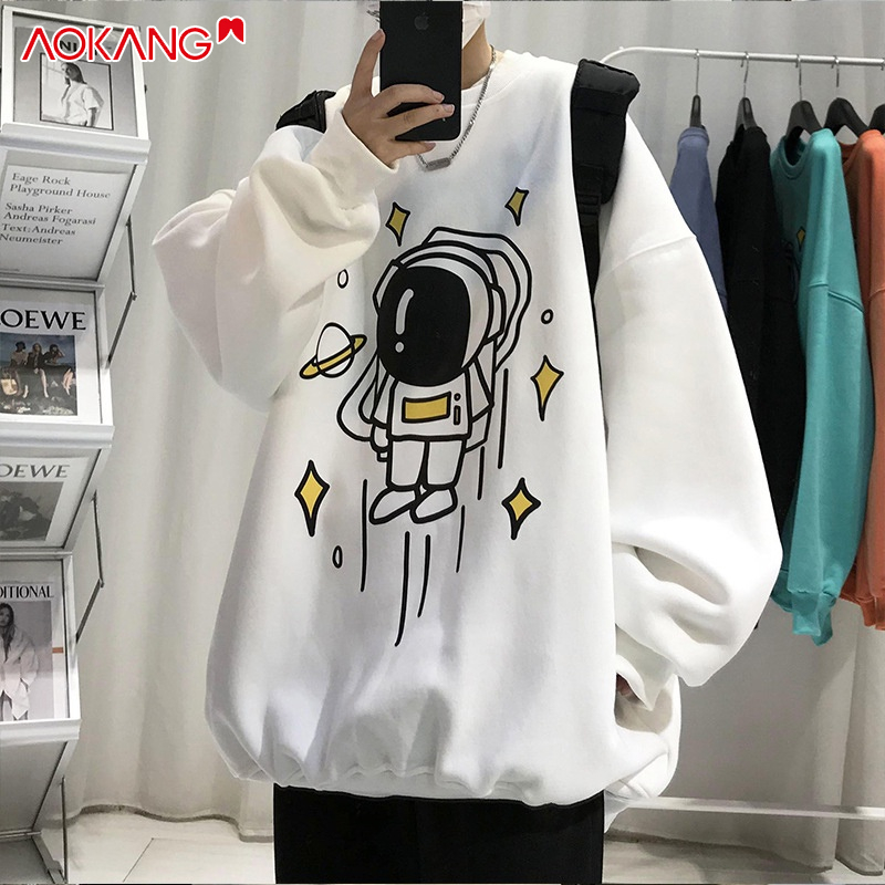 Áo sweater AOKANG cổ tròn dáng rộng lót nhung phi hành gia hoạt hình phong cách Hong Kong thời trang thu đông cho nam