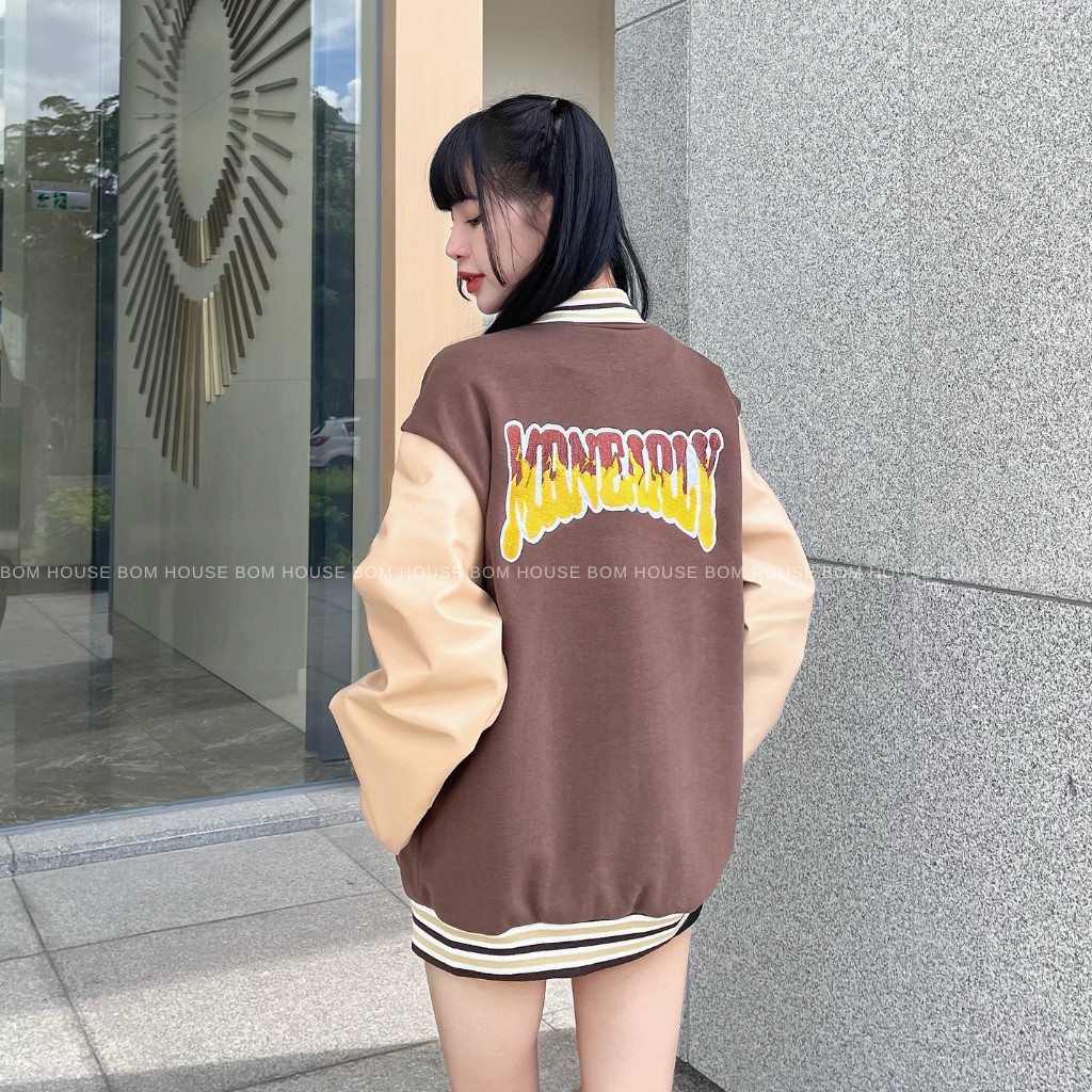Áo Khoác Bomber Bóng Chày Nam Nữ Bom House Chất Liệu Nỉ Phối Tay Da