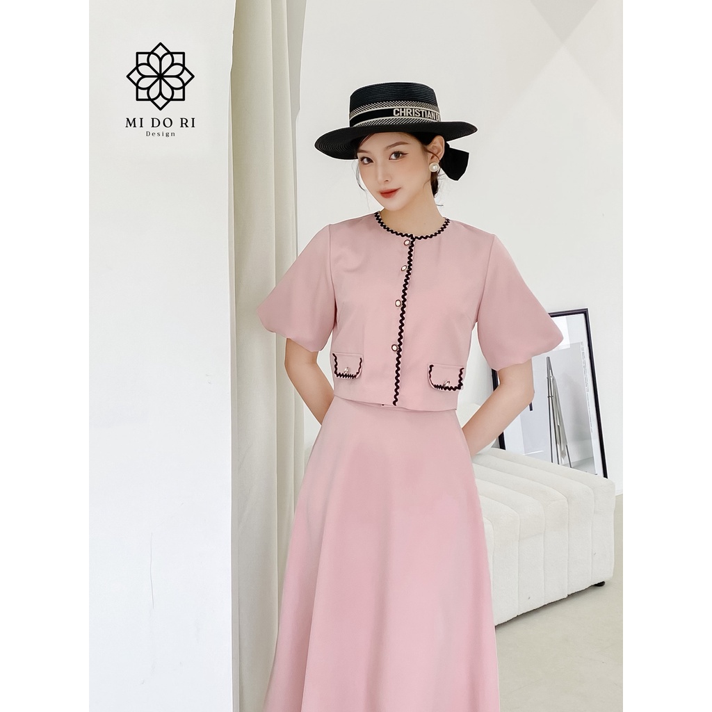 Set áo croptop trần ren và chân váy xoè midi tiểu thư màu hồng phấn, chất tuytsy Nhật co giãn nhẹ - Gemma Set