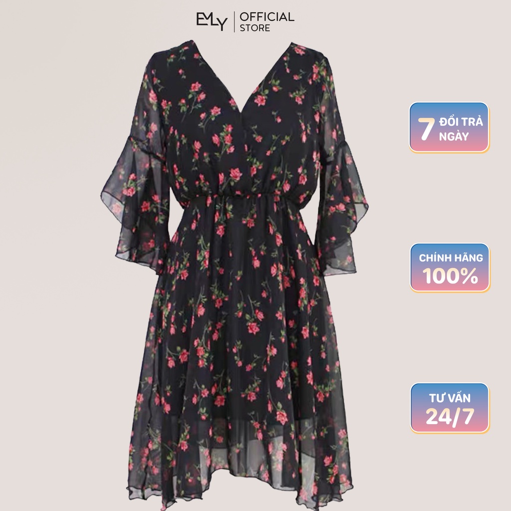 Đầm dáng xòe nữ hoa nhí tay dài Emilyshop