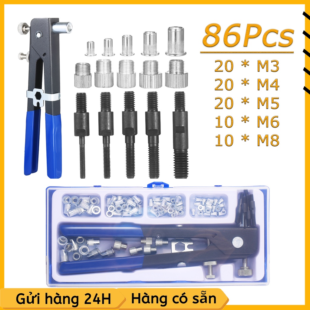 Kìm rút ốc tán Bộ 86 dụng cụ gồm đai ốc, đinh tán hệ mét và cờ lê loại M3 M4 M5 M6 M8