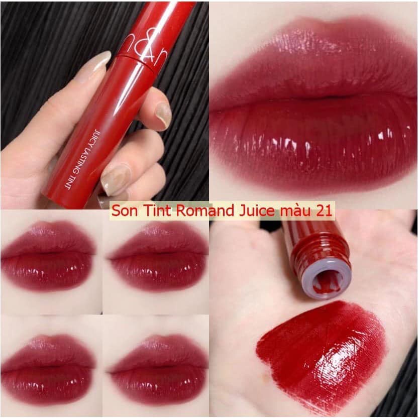 Son tint bóng Romand màu 21 Juicy Lasting Tint đỏ mận