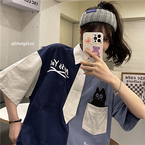 Áo Sơ Mi Cổ Polo Tay Ngắn Dáng Rộng In Họa Tiết Phong Cách Retro Mỹ Cho Nữ
