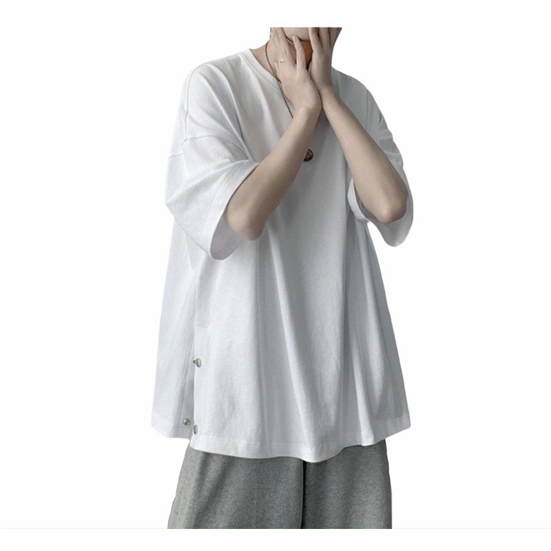 [MHSneakers] Áo thun cotton xẻ tà cúc unisex, basic tee phông trơn nam nữ