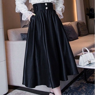 Chân váy dài lưng cao dáng chữ a bằng satin màu đen phong cách retro thời trang cho nữ