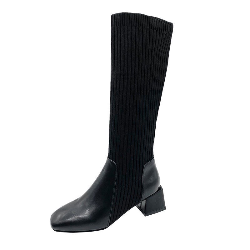 [Sẵn Đen,Nâu đậm 36] Bốt đùi nữ da PU phối len đầu vuông sang chảnh hàng Quảng Châu chất lượng tốt | BigBuy360 - bigbuy360.vn