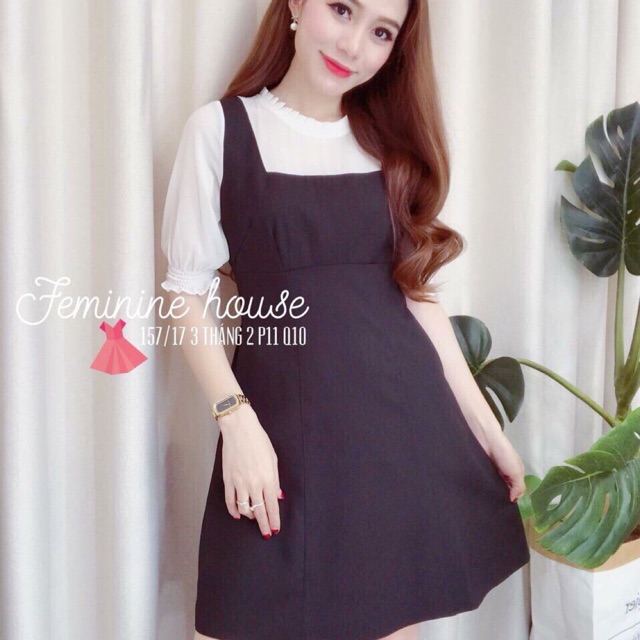 BB155 Đầm tiểu thư đen phối voan sơ mi cổ