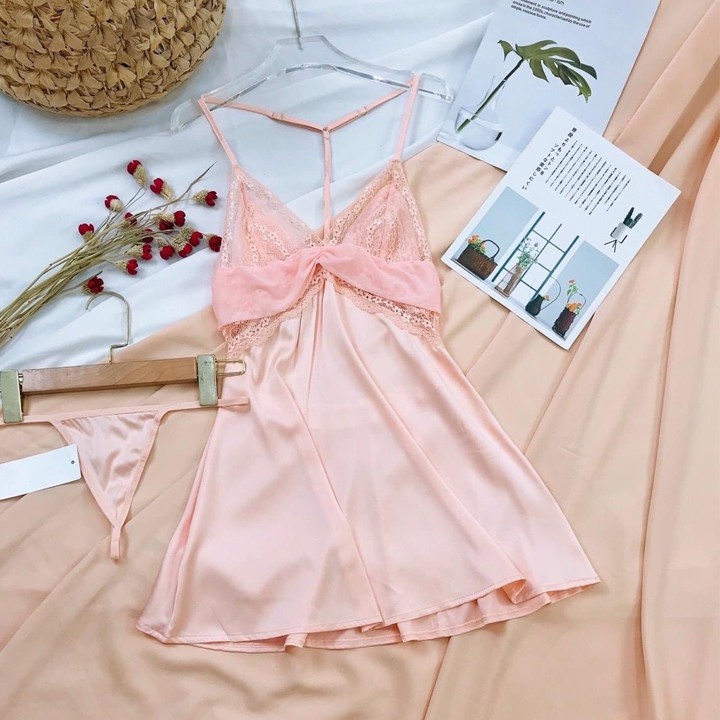 Váy ngủ lụa sexy ren ngực dây yếm sau hở lưng gợi cảm