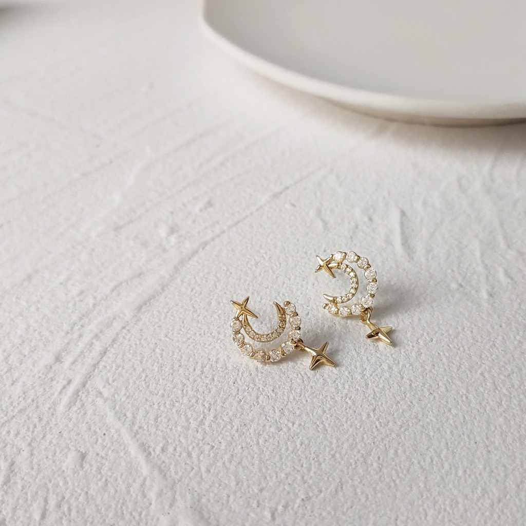 Lạ mắt bông tai trăng sao đính đá sang trọng 1452 mạ 925 cao cấp
