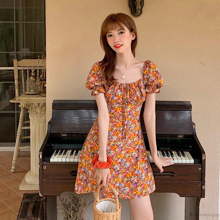 Đầm chữ A tay ngắn in họa tiết hoa phong cách bohemian cho nữ