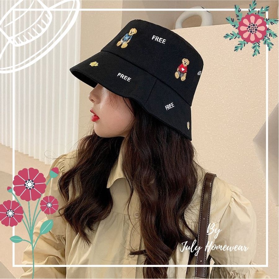 Nón bucket thêu hình gấu nhỏ cute, nón vành cotton dễ thương phong cách Hàn Quốc JULYHOMEWEAR
