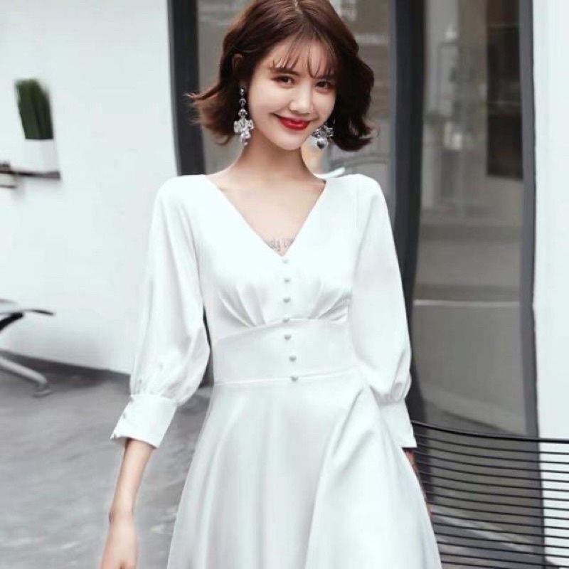 Váy cổ V tay bồng 2 màu đỏ trắng Thiết kế DVC