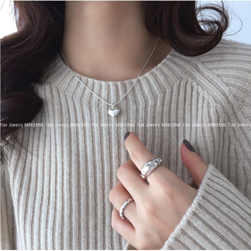 Dây chuyền bạc nữ TLEE mẫu tim phồng bản lớn mix dây mỳ thuôn cá tính TleeJewelry D0217
