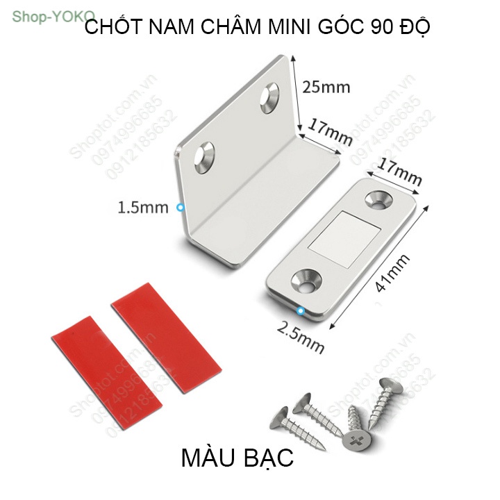 Chốt mini nam châm góc 90 độ cho cánh cửa tủ, ngăn kéo bàn, có băng dính 2 mặt và vít kèm theo