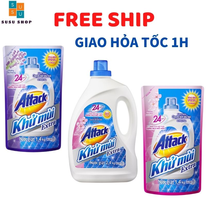 Nước giặt Attack Khử Mùi Extra hương hoa anh đào dạng túi 1,4kg và chai 2,4kg