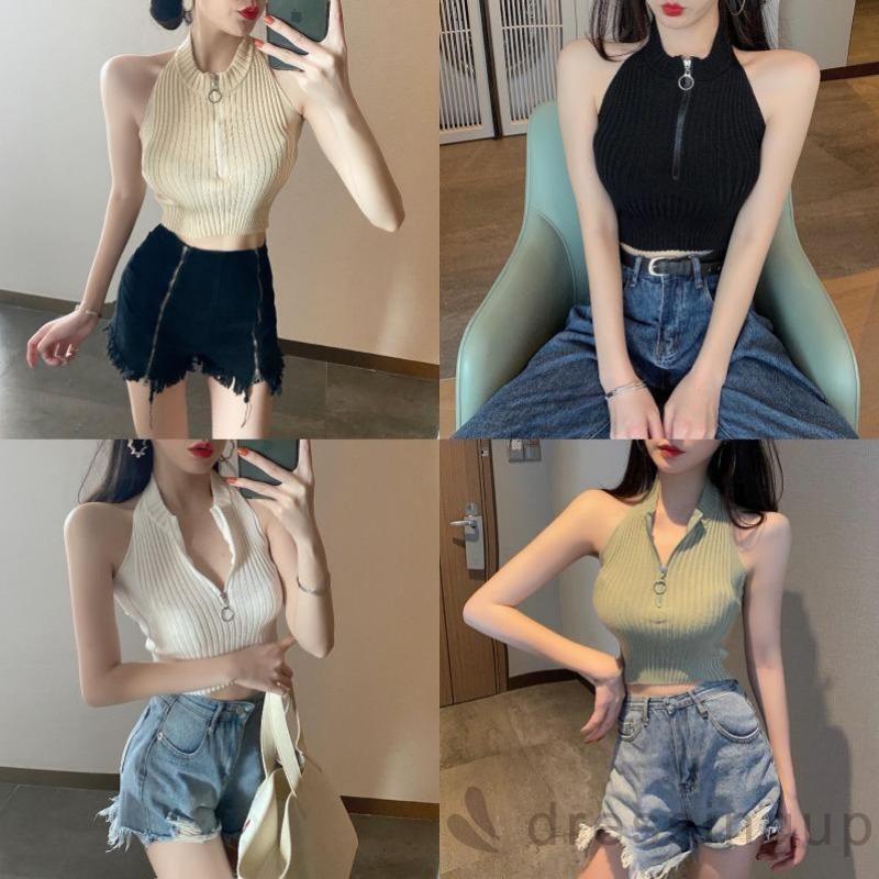 Áo croptop sát nách màu trơn phối khóa kéo cá tính quyến rũ cho nữ