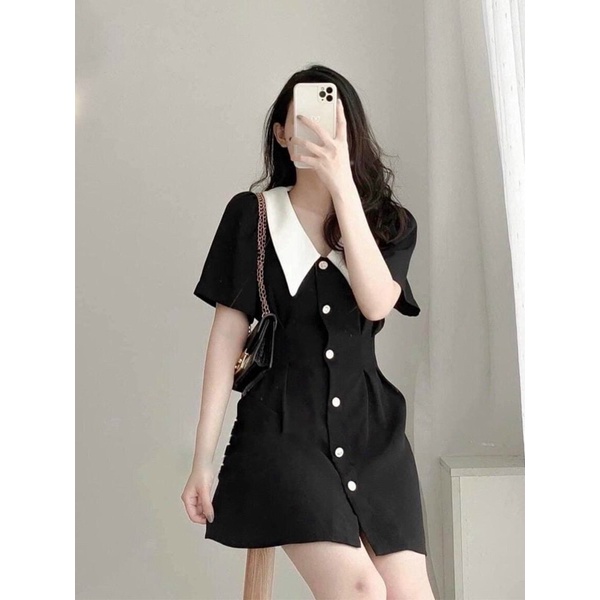 Đầm đen cổ trắng nút trước (kèm hình thật) | BigBuy360 - bigbuy360.vn