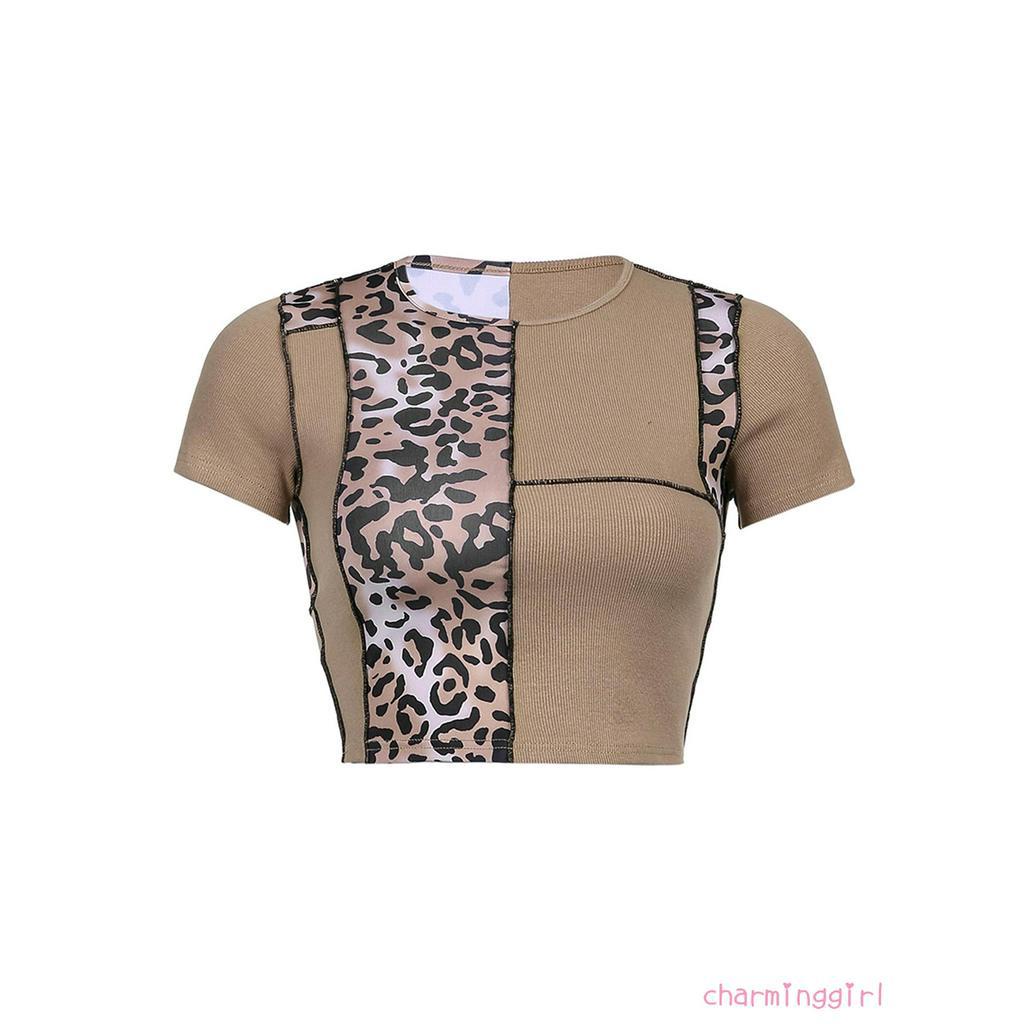 Áo thun ngắn tay phối họa tiết da báo gợi cảm hợp thời trang cho nữ