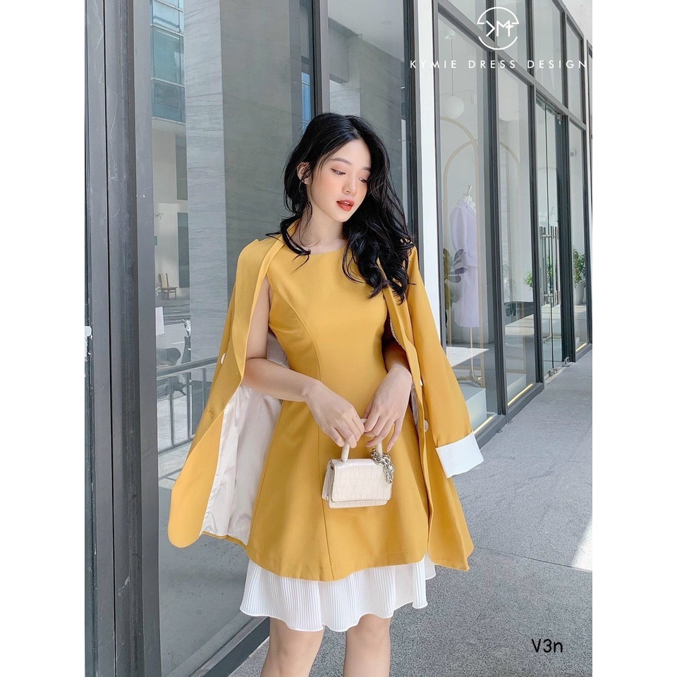 Set Bộ Nữ Áo Khoác Vest Nút Tay Dài + Đầm Xoè Dập Ly