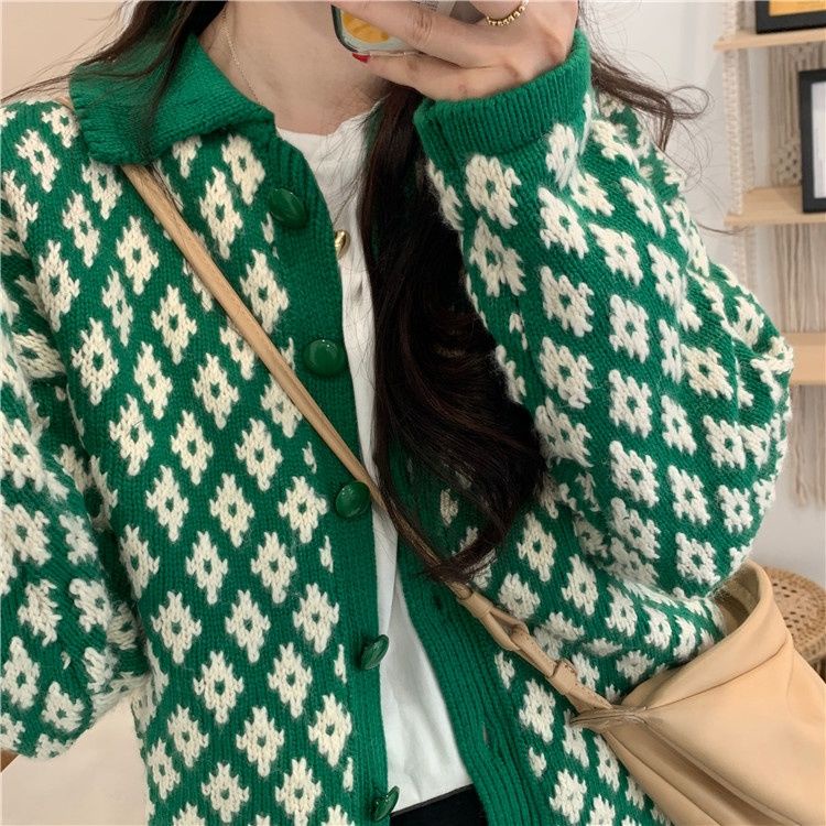 Áo Khoác Cardigan Dệt Kim Tay Dài Dáng Rộng Đính Đá Phong Cách Retro Hàn Quốc