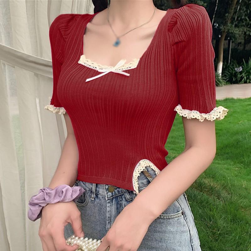 Áo Croptop Dệt Kim Ngắn Tay Cổ Vuông Phối Ren Xinh Xắn Thời Trang Cho Nữ
